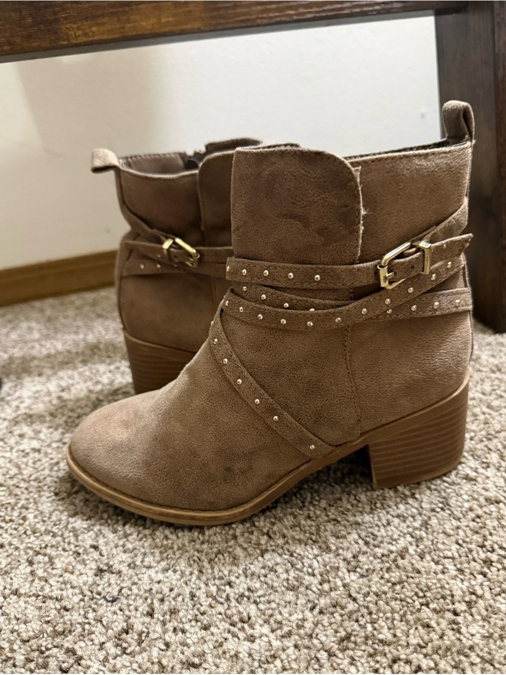 Justice Taupe Suede-Look Studded Ankle Booties